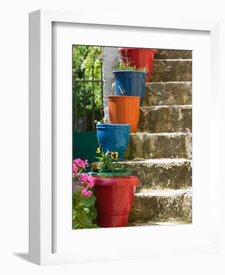 Staircase with Flower Planters, Fiskardo, Kefalonia, Ionian Islands, Greece-Walter Bibikow-Framed Photographic Print