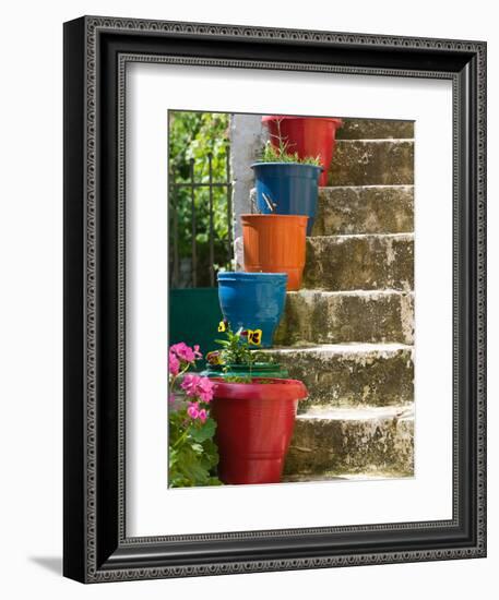 Staircase with Flower Planters, Fiskardo, Kefalonia, Ionian Islands, Greece-Walter Bibikow-Framed Photographic Print