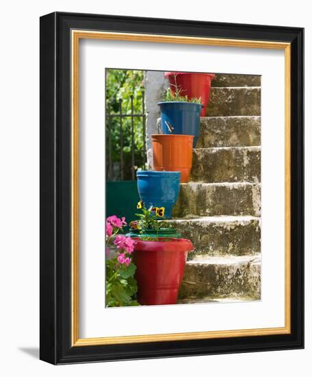 Staircase with Flower Planters, Fiskardo, Kefalonia, Ionian Islands, Greece-Walter Bibikow-Framed Photographic Print