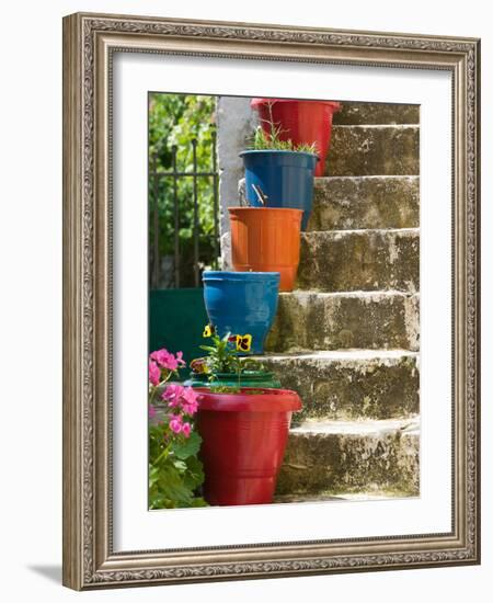 Staircase with Flower Planters, Fiskardo, Kefalonia, Ionian Islands, Greece-Walter Bibikow-Framed Photographic Print