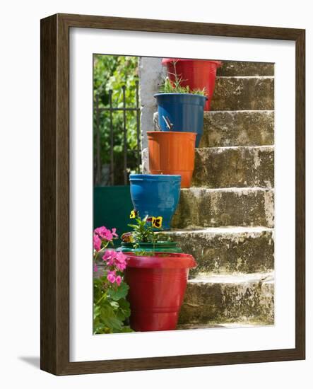 Staircase with Flower Planters, Fiskardo, Kefalonia, Ionian Islands, Greece-Walter Bibikow-Framed Photographic Print