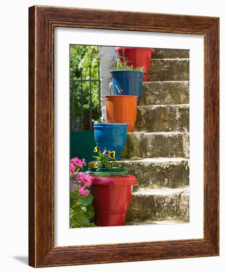 Staircase with Flower Planters, Fiskardo, Kefalonia, Ionian Islands, Greece-Walter Bibikow-Framed Photographic Print