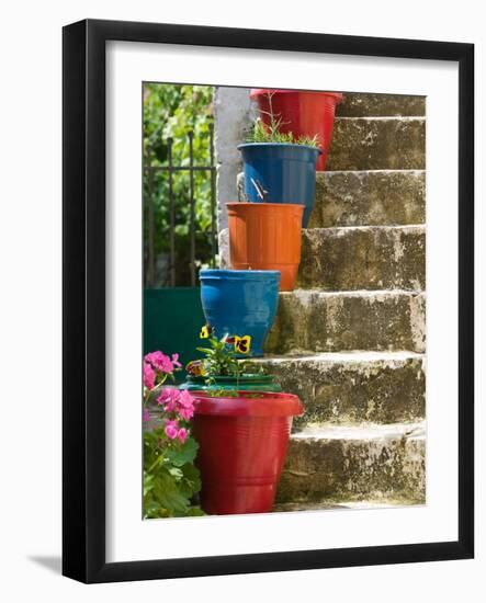 Staircase with Flower Planters, Fiskardo, Kefalonia, Ionian Islands, Greece-Walter Bibikow-Framed Photographic Print