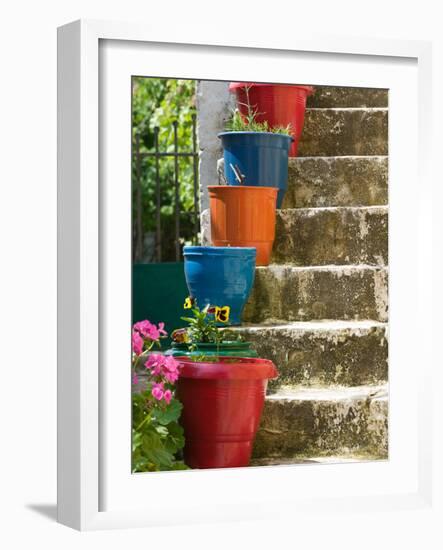 Staircase with Flower Planters, Fiskardo, Kefalonia, Ionian Islands, Greece-Walter Bibikow-Framed Photographic Print