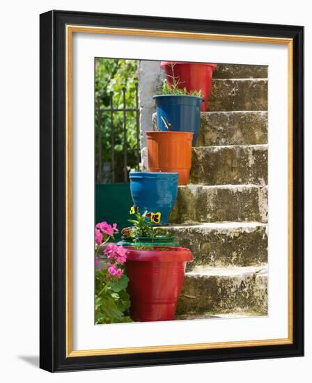 Staircase with Flower Planters, Fiskardo, Kefalonia, Ionian Islands, Greece-Walter Bibikow-Framed Photographic Print