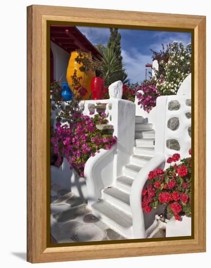 Stairs and Flowers, Chora, Mykonos, Greece-Adam Jones-Framed Premier Image Canvas