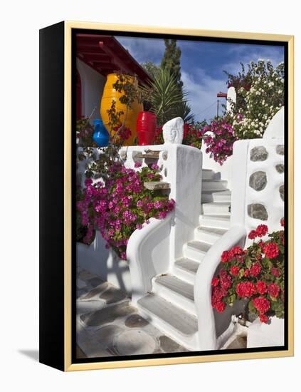 Stairs and Flowers, Chora, Mykonos, Greece-Adam Jones-Framed Premier Image Canvas