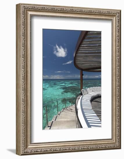 Stairs to the Beach and Sofa Overlooking the Ocean, Maldives, Indian Ocean-Sakis Papadopoulos-Framed Photographic Print
