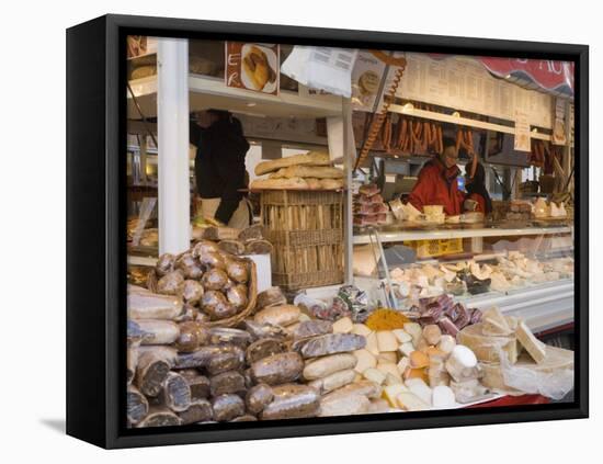 Stall Selling Cheese, Fruit Cake and Sausages at Christmas Market on Maxheinhardtplatz-Richard Nebesky-Framed Premier Image Canvas