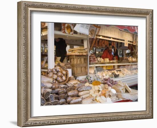 Stall Selling Cheese, Fruit Cake and Sausages at Christmas Market on Maxheinhardtplatz-Richard Nebesky-Framed Photographic Print