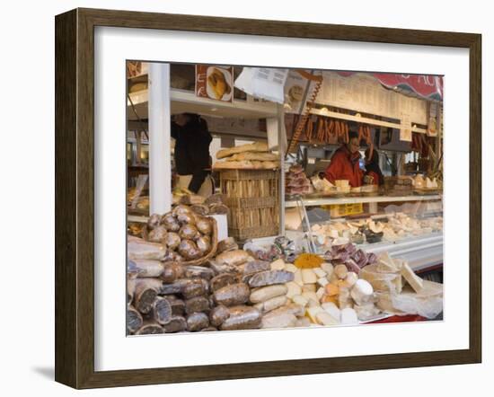 Stall Selling Cheese, Fruit Cake and Sausages at Christmas Market on Maxheinhardtplatz-Richard Nebesky-Framed Photographic Print