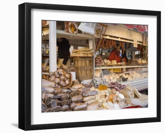 Stall Selling Cheese, Fruit Cake and Sausages at Christmas Market on Maxheinhardtplatz-Richard Nebesky-Framed Photographic Print