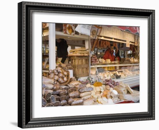 Stall Selling Cheese, Fruit Cake and Sausages at Christmas Market on Maxheinhardtplatz-Richard Nebesky-Framed Photographic Print