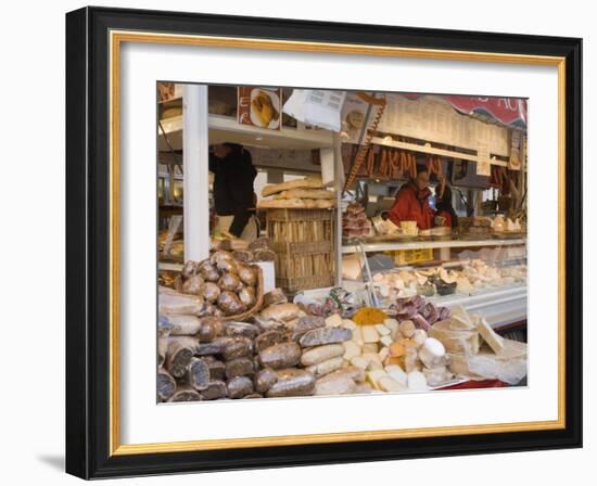 Stall Selling Cheese, Fruit Cake and Sausages at Christmas Market on Maxheinhardtplatz-Richard Nebesky-Framed Photographic Print