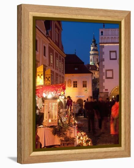 Stalls at Christmas Market With Renaissance Tower, Svornosti Square, Cesky Krumlov, Czech Republic-Richard Nebesky-Framed Premier Image Canvas