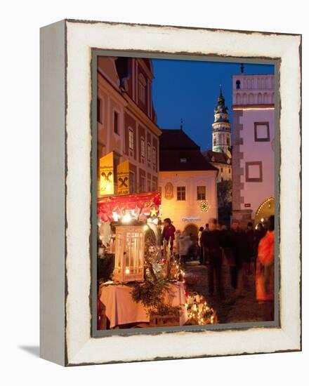 Stalls at Christmas Market With Renaissance Tower, Svornosti Square, Cesky Krumlov, Czech Republic-Richard Nebesky-Framed Premier Image Canvas