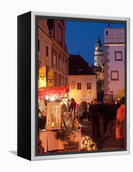 Stalls at Christmas Market With Renaissance Tower, Svornosti Square, Cesky Krumlov, Czech Republic-Richard Nebesky-Framed Premier Image Canvas