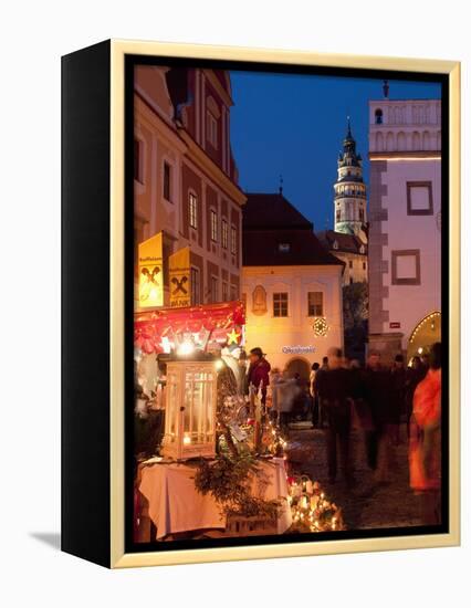 Stalls at Christmas Market With Renaissance Tower, Svornosti Square, Cesky Krumlov, Czech Republic-Richard Nebesky-Framed Premier Image Canvas