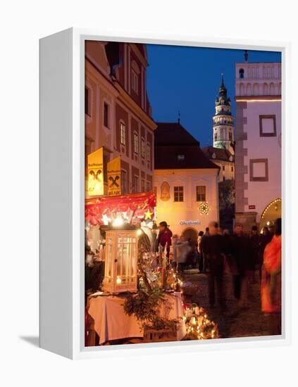 Stalls at Christmas Market With Renaissance Tower, Svornosti Square, Cesky Krumlov, Czech Republic-Richard Nebesky-Framed Premier Image Canvas