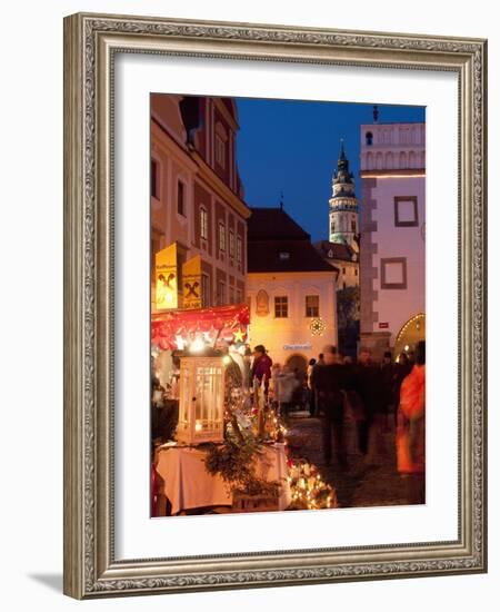 Stalls at Christmas Market With Renaissance Tower, Svornosti Square, Cesky Krumlov, Czech Republic-Richard Nebesky-Framed Photographic Print