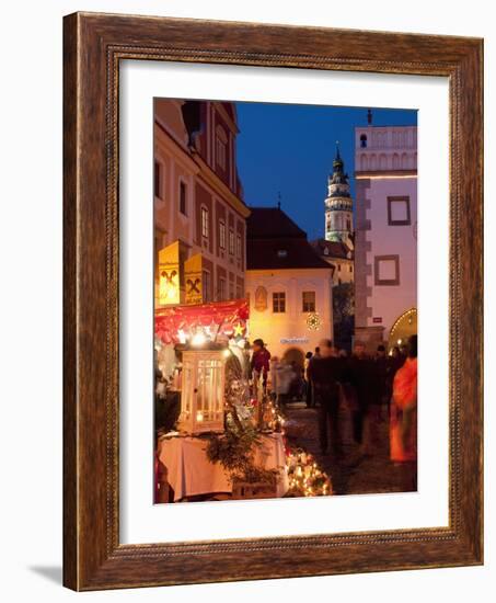 Stalls at Christmas Market With Renaissance Tower, Svornosti Square, Cesky Krumlov, Czech Republic-Richard Nebesky-Framed Photographic Print