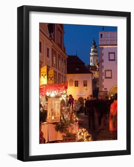 Stalls at Christmas Market With Renaissance Tower, Svornosti Square, Cesky Krumlov, Czech Republic-Richard Nebesky-Framed Photographic Print