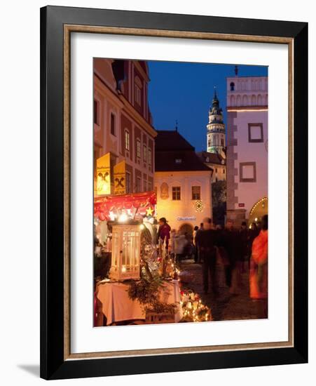 Stalls at Christmas Market With Renaissance Tower, Svornosti Square, Cesky Krumlov, Czech Republic-Richard Nebesky-Framed Photographic Print