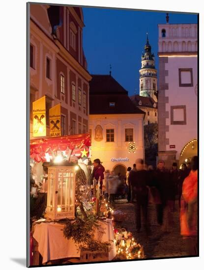 Stalls at Christmas Market With Renaissance Tower, Svornosti Square, Cesky Krumlov, Czech Republic-Richard Nebesky-Mounted Photographic Print