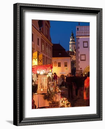 Stalls at Christmas Market With Renaissance Tower, Svornosti Square, Cesky Krumlov, Czech Republic-Richard Nebesky-Framed Photographic Print