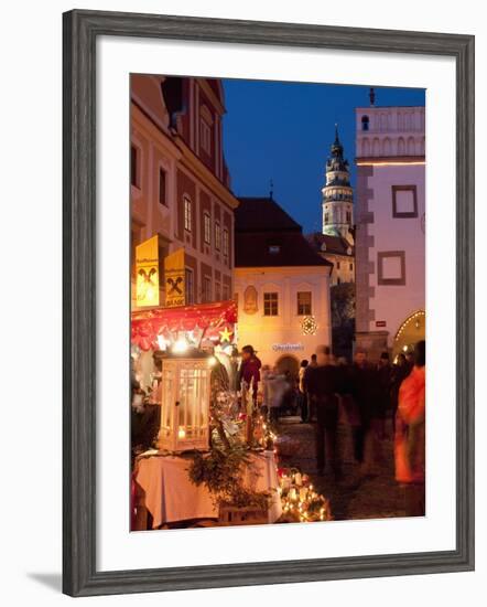 Stalls at Christmas Market With Renaissance Tower, Svornosti Square, Cesky Krumlov, Czech Republic-Richard Nebesky-Framed Photographic Print