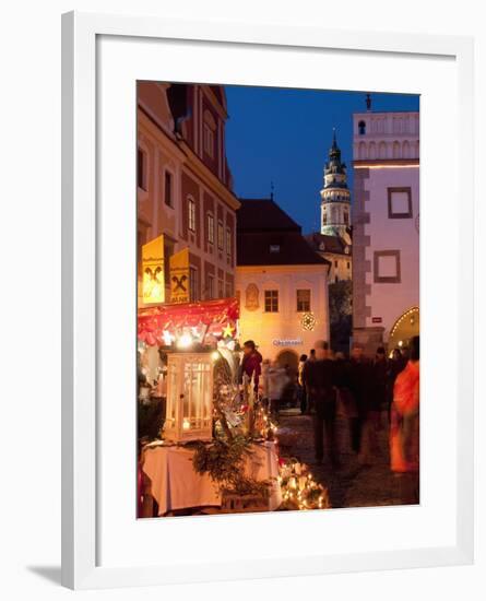 Stalls at Christmas Market With Renaissance Tower, Svornosti Square, Cesky Krumlov, Czech Republic-Richard Nebesky-Framed Photographic Print