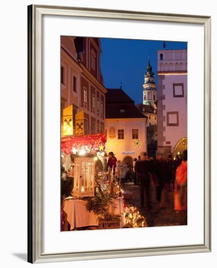 Stalls at Christmas Market With Renaissance Tower, Svornosti Square, Cesky Krumlov, Czech Republic-Richard Nebesky-Framed Photographic Print