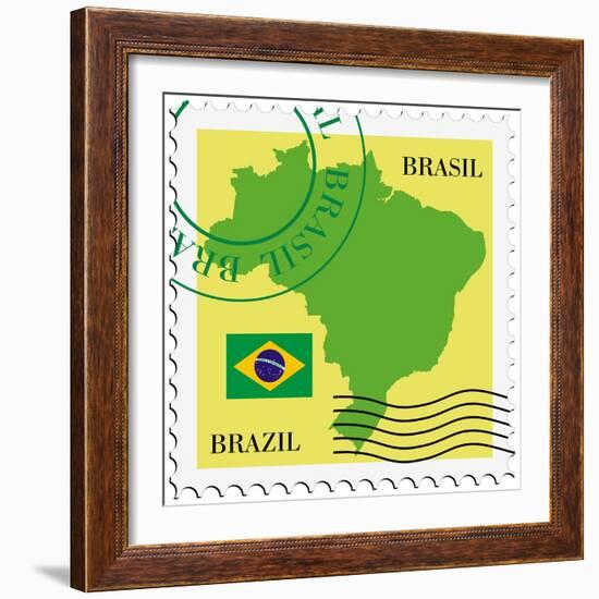 Stamp With Map And Flag Of Brazil-Perysty-Framed Premium Giclee Print