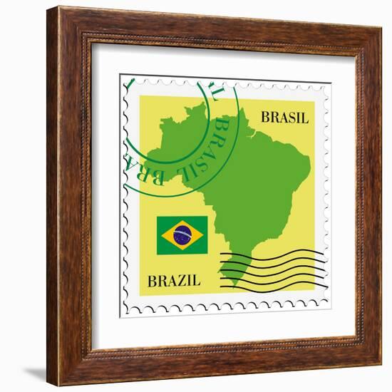 Stamp With Map And Flag Of Brazil-Perysty-Framed Art Print