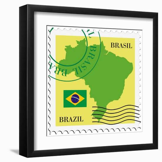 Stamp With Map And Flag Of Brazil-Perysty-Framed Art Print