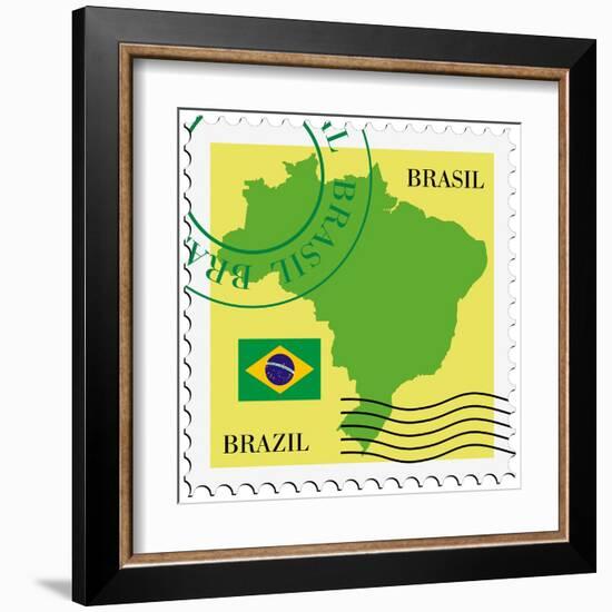 Stamp With Map And Flag Of Brazil-Perysty-Framed Art Print