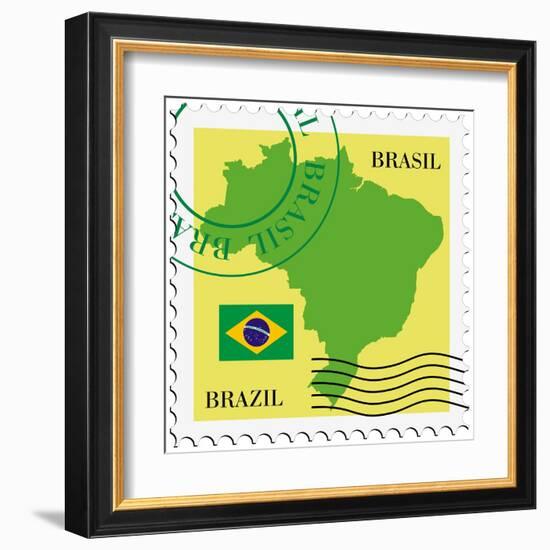 Stamp With Map And Flag Of Brazil-Perysty-Framed Art Print