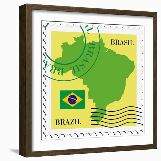 Stamp With Map And Flag Of Brazil-Perysty-Framed Art Print