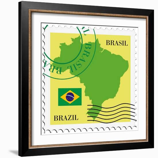 Stamp With Map And Flag Of Brazil-Perysty-Framed Art Print