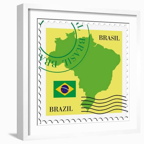 Stamp With Map And Flag Of Brazil-Perysty-Framed Art Print