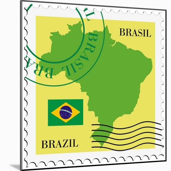 Stamp With Map And Flag Of Brazil-Perysty-Mounted Art Print