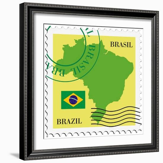 Stamp With Map And Flag Of Brazil-Perysty-Framed Art Print