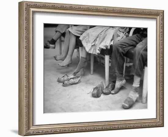 Stamping their Feet, Children from the Avondale Camp Wait to Be Fitted with Free Shoes-Ed Clark-Framed Photographic Print