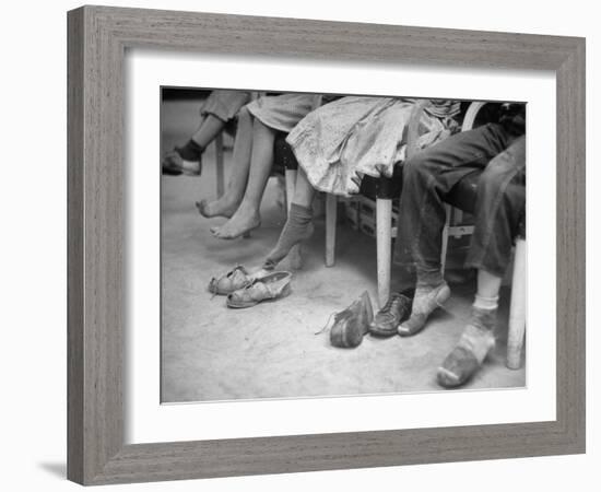 Stamping their Feet, Children from the Avondale Camp Wait to Be Fitted with Free Shoes-Ed Clark-Framed Photographic Print