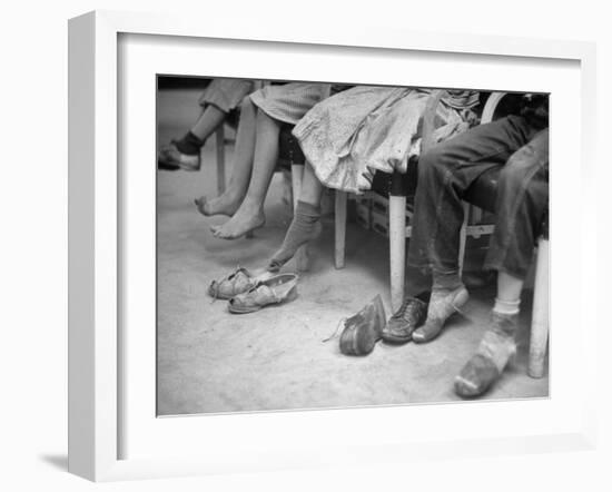 Stamping their Feet, Children from the Avondale Camp Wait to Be Fitted with Free Shoes-Ed Clark-Framed Photographic Print