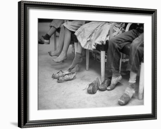 Stamping their Feet, Children from the Avondale Camp Wait to Be Fitted with Free Shoes-Ed Clark-Framed Photographic Print