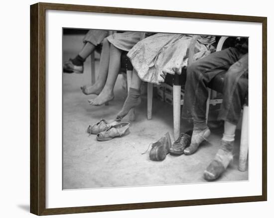 Stamping their Feet, Children from the Avondale Camp Wait to Be Fitted with Free Shoes-Ed Clark-Framed Photographic Print