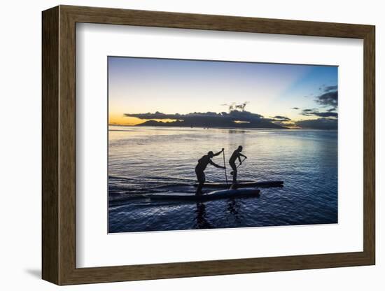 Stand up paddlers working out at sunset with Moorea in the background, Papeete, Tahiti, Society Isl-Michael Runkel-Framed Photographic Print