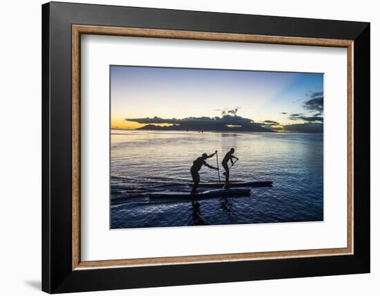 Stand up paddlers working out at sunset with Moorea in the background, Papeete, Tahiti, Society Isl-Michael Runkel-Framed Photographic Print