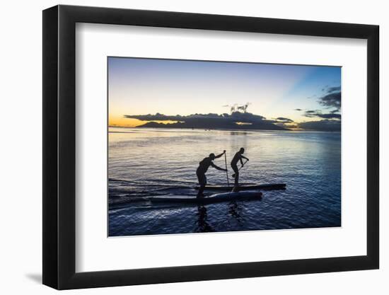 Stand up paddlers working out at sunset with Moorea in the background, Papeete, Tahiti, Society Isl-Michael Runkel-Framed Photographic Print